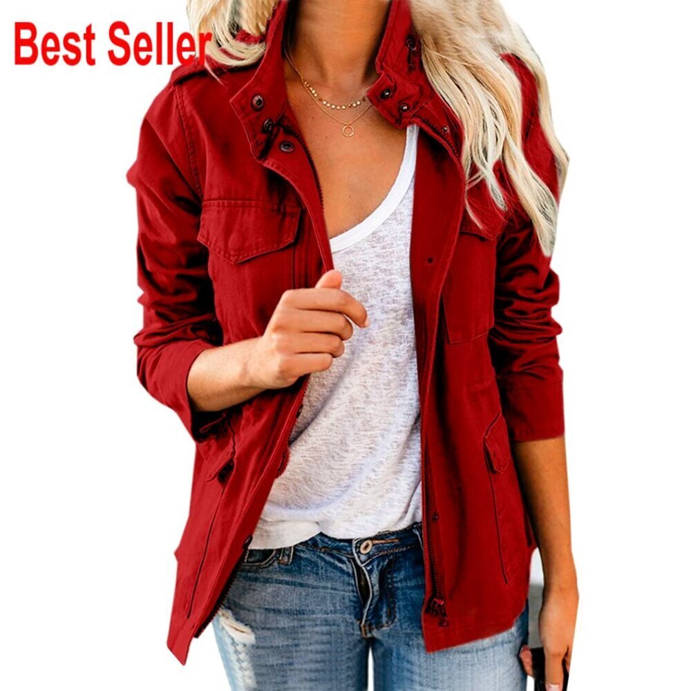 Women's Cotton Utility Jacket Stand Collar Zip Up Relaxed Fit Military Style